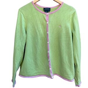 Lauren Ralph Lauren Cardigan Sweater 2X Green Pink Trim Button Down